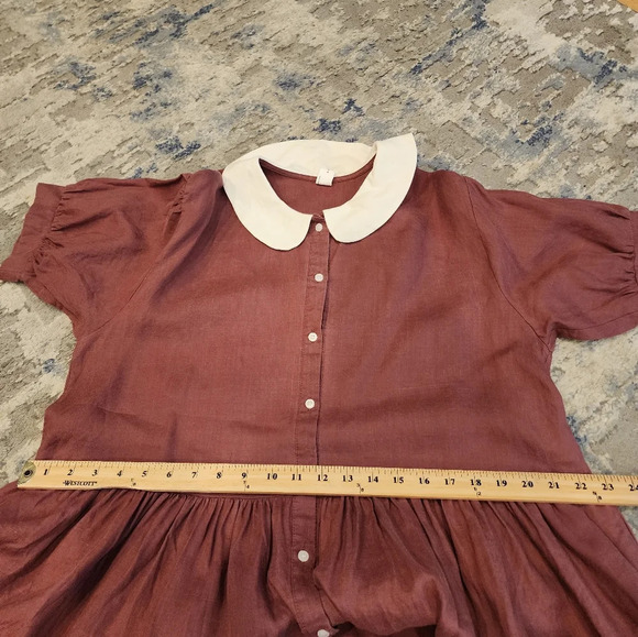 Eva Linen Peterpan Collar Puff Sleeve Button Front Mauve Mini Dress. Free Size - Picture 9 of 16